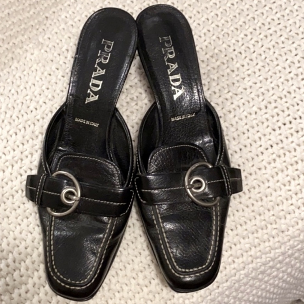 SOLD Vintage Prada Kitten Heel Mule Loafer Slip On Buckle - Picture 1 of 3